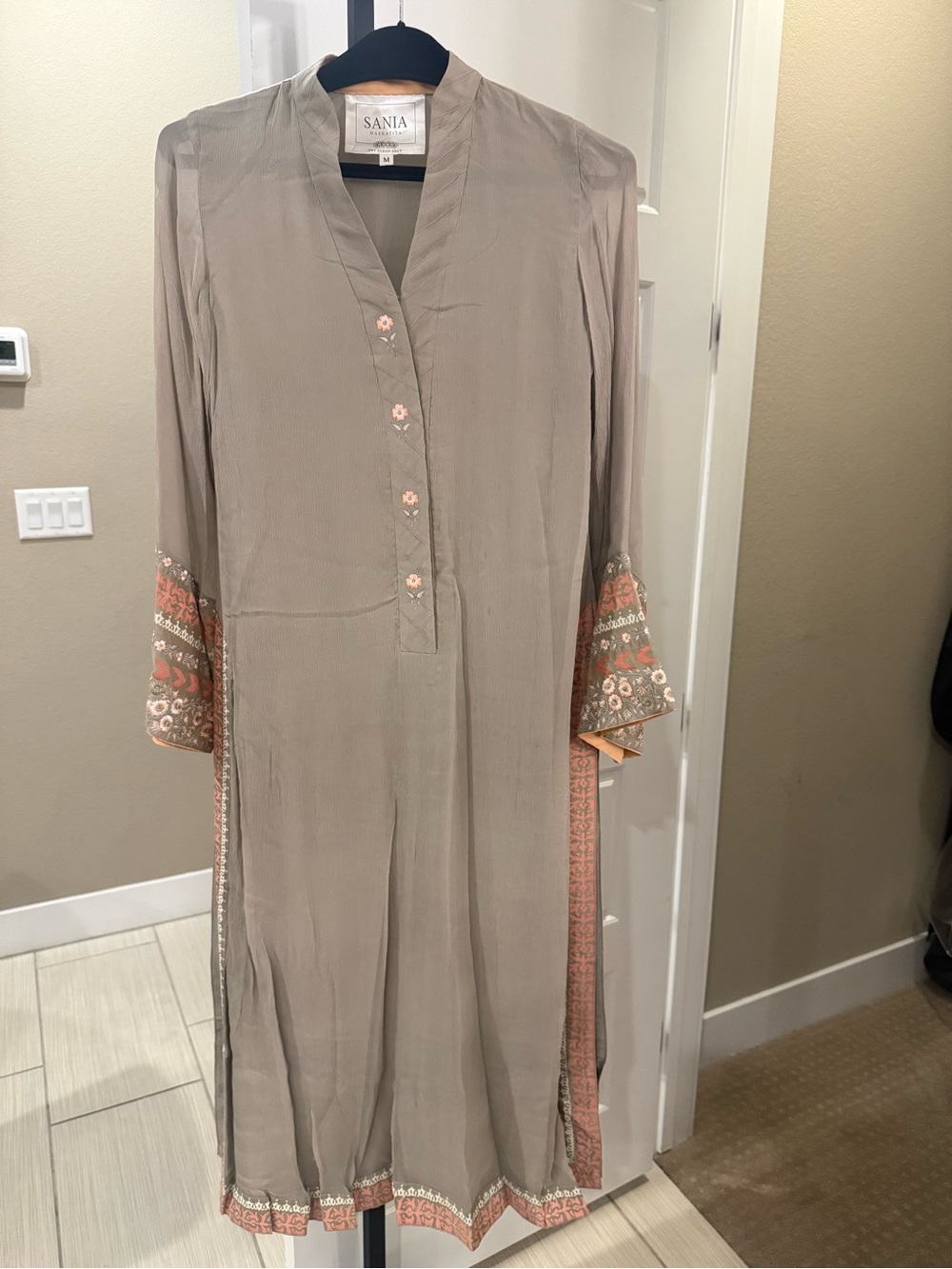 Sanita Taupe Long-Sleeve Embroidered Kurta Dress with Coral Accents